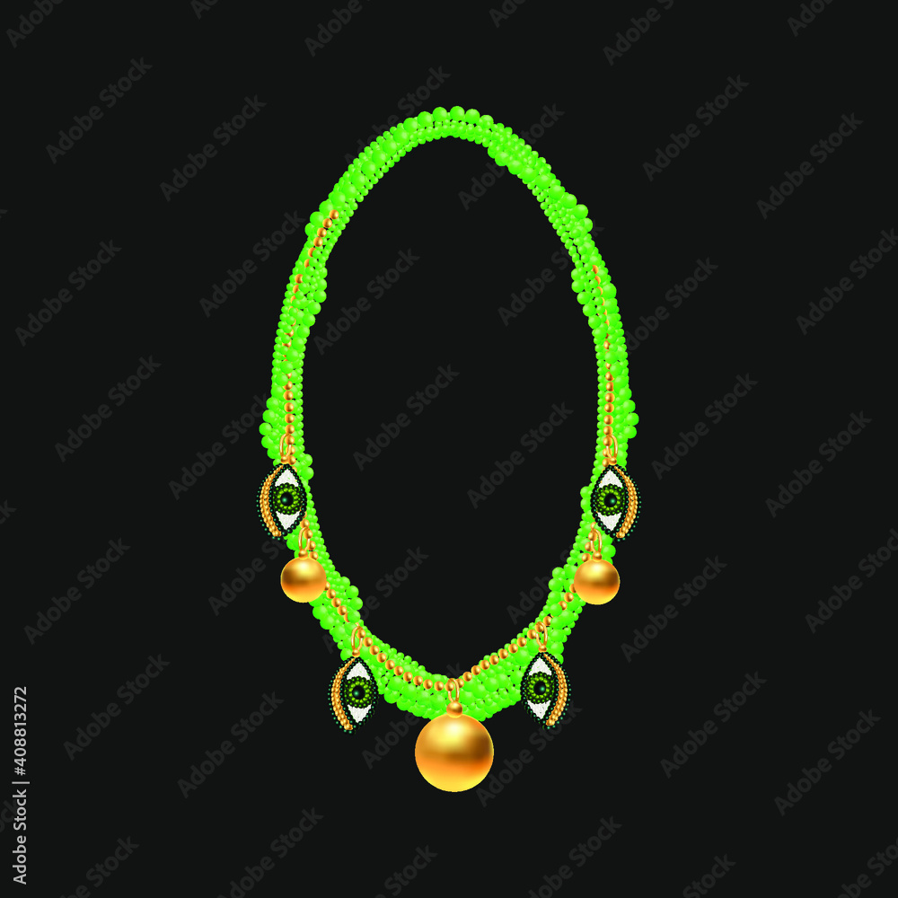 Green beaded necklace with creative pendants. 3d vector illustration. Green beaded necklace with creative pendants. 3d vector illustration.