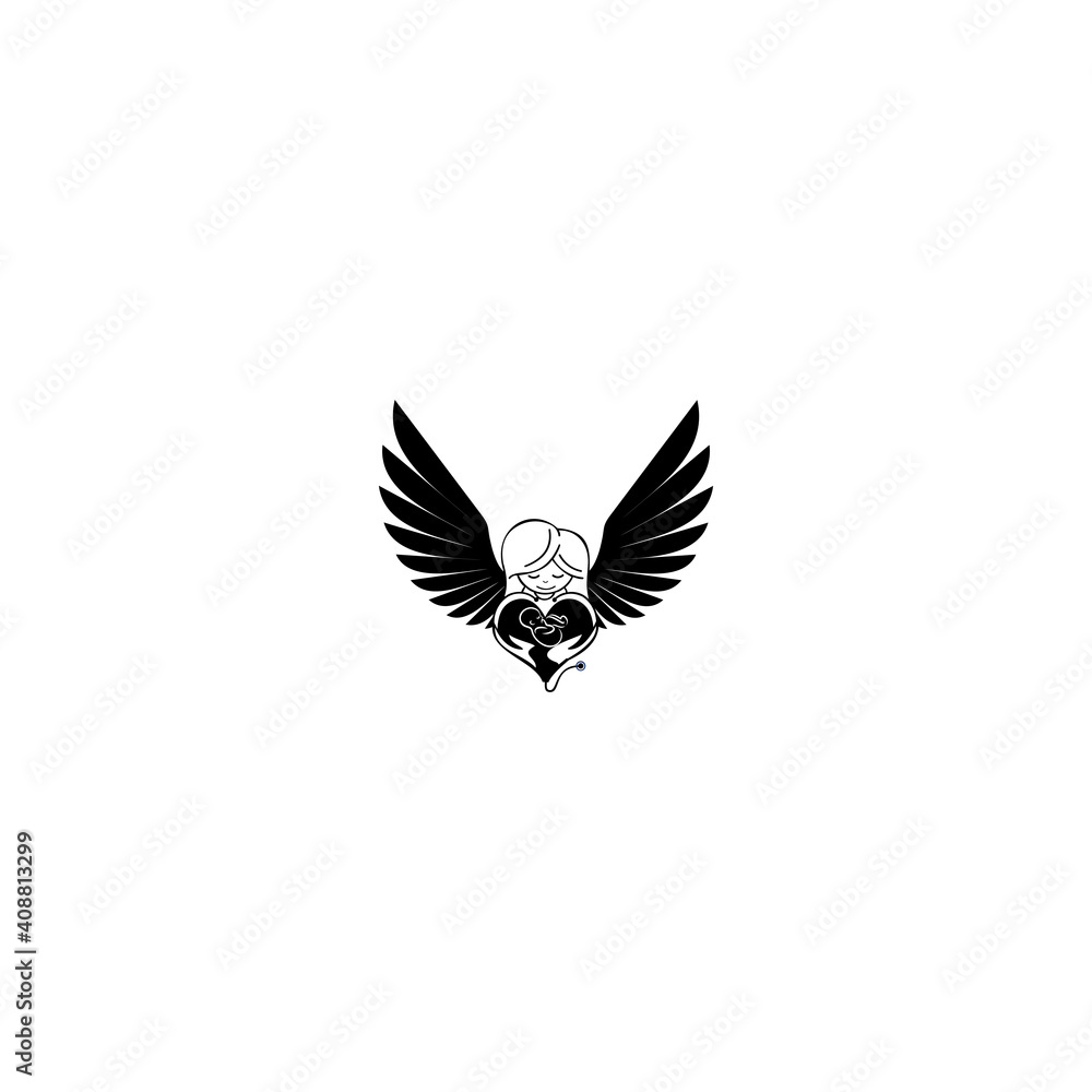 Fototapeta premium Mother with angel wing holds a small child in her arms. mama love baby kids, guardian mom
