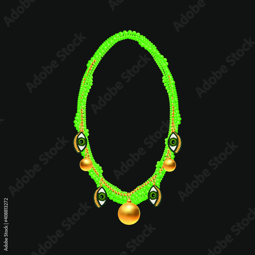 Green beaded necklace with creative pendants. 3d vector illustration.