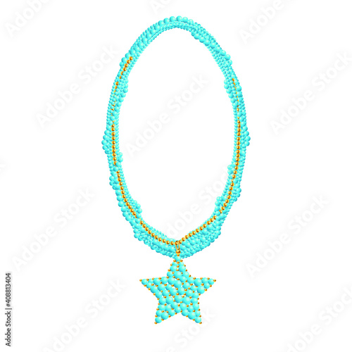 Blue beaded necklace with creative pendants. 3d vector illustration.