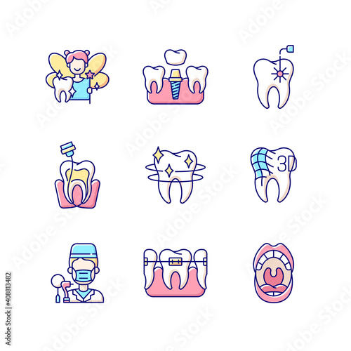 Denistry RGB color icons set. Instruments for dental treatment. Dental Implants Procedure. Professional dental occupation. Teeth cleaning. Pediatric dentistry. Isolated vector illustrations photo