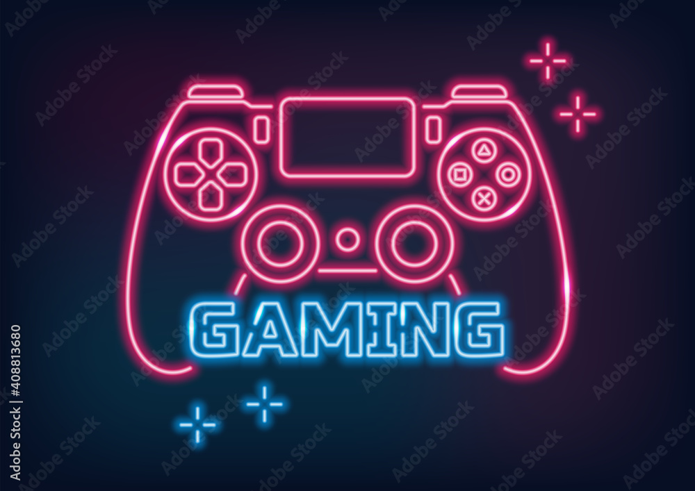 Neon frame. A set of joysticks in neon. Gamepad for pc. Laser glowing lines on a black background. Neon sign.
