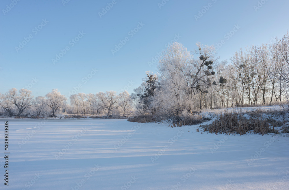 Landscape With Snowy Trees. Frozen Lake. Landscape With Snowy Trees. Frozen Lake.