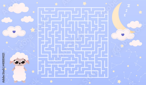 Help cute sheep find way to moon, sleeping concept for kids, sweet dreams, maze for kids, labyrinth for childrens books