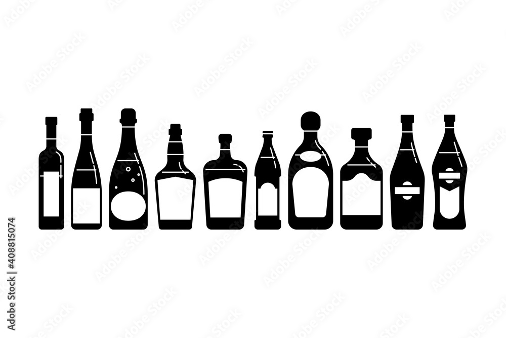 Bottle vodka red wine champagne whiskey liquor beer tequila rum martini in silhouette style. Restaurant beverage alcoholic illustration for celebration design. Set design element in row Bottle vodka red wine champagne whiskey liquor beer tequila rum martini in silhouette style. Restaurant beverage alcoholic illustration for celebration design. Set design element in row