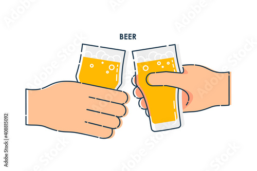 Two human hand holding a glass of beer. Line art design element on white background. Fingers person with celebration malt beverage. Concept of time to drink alcohol. Modern graphic style