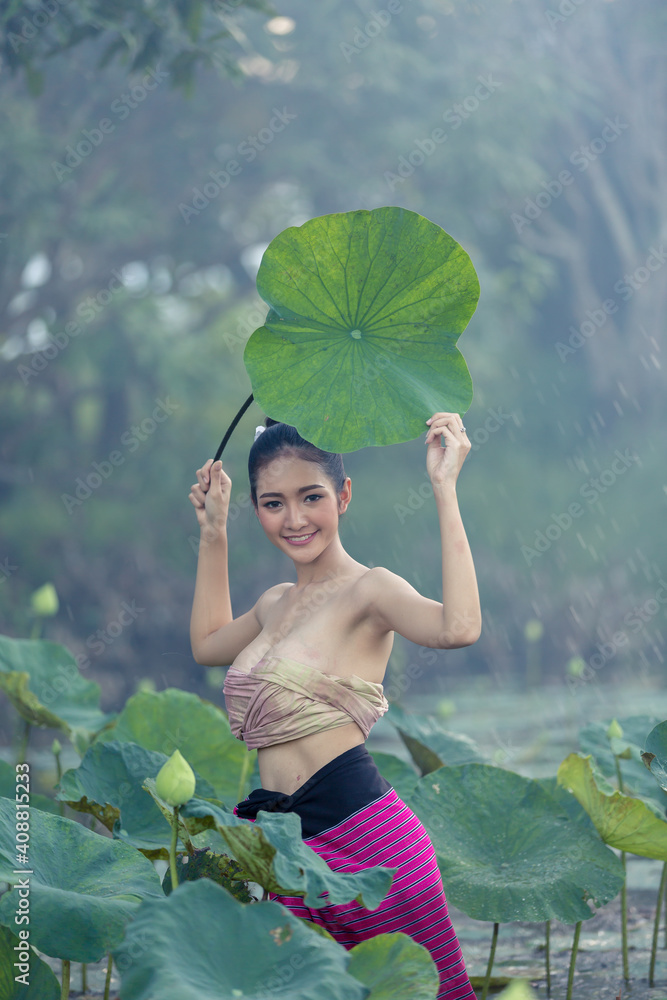 Fotobehang Lotusbloem Asian woman harvest lotus flower in the garden, #408815233