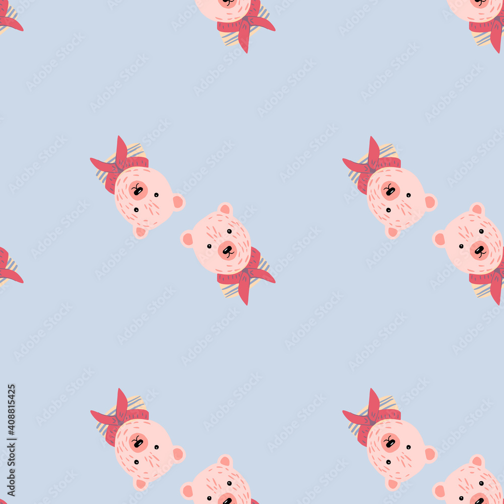 Minimalistic style seamless pattern with pink sailor bear head shapes. Light blue background. Minimalistic style seamless pattern with pink sailor bear head shapes. Light blue background.