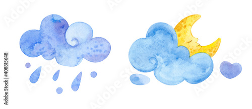 Watercolor illustration. Clouds, moon, rain. Cartoon weather isolated on white background.