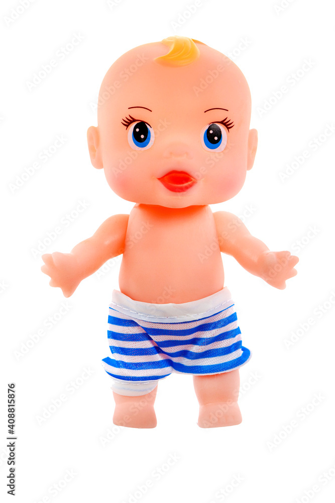Toy doll in striped pants on a white background isolated Toy doll in striped pants on a white background isolated