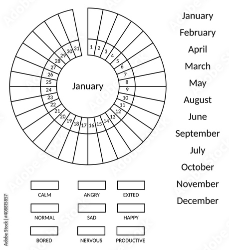 Mood tracker circle blank with numbers and months. Bullet journal monochrome template.