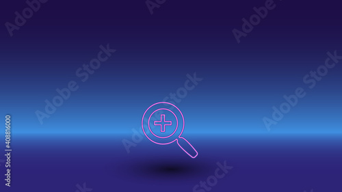 Neon zoom in symbol on a gradient blue background. The isolated symbol is located in the bottom center. Gradient blue with light blue skyline