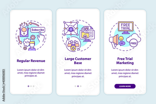 SaaS benefits for developers onboarding mobile app page screen with concepts. Regular revenue, customer base walkthrough 3 steps graphic instructions. UI vector template with RGB color illustrations