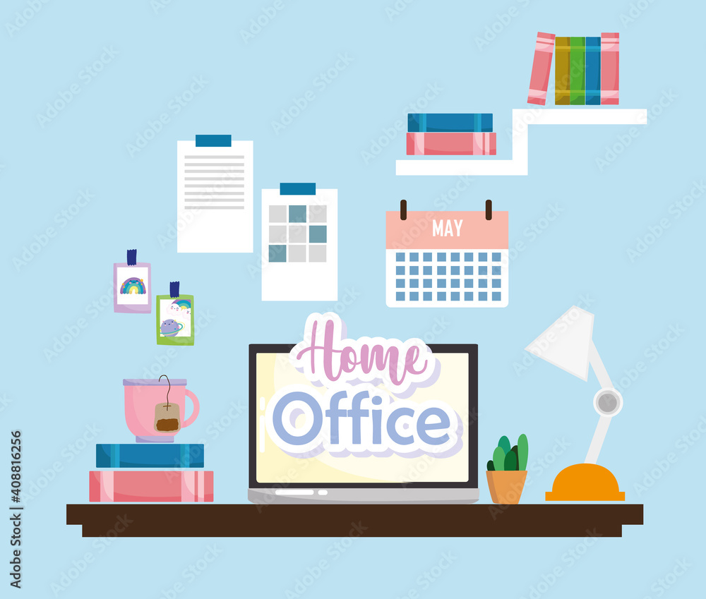 Fototapeta premium home office interior laptop at desk with lamp cactus books and coffee cup