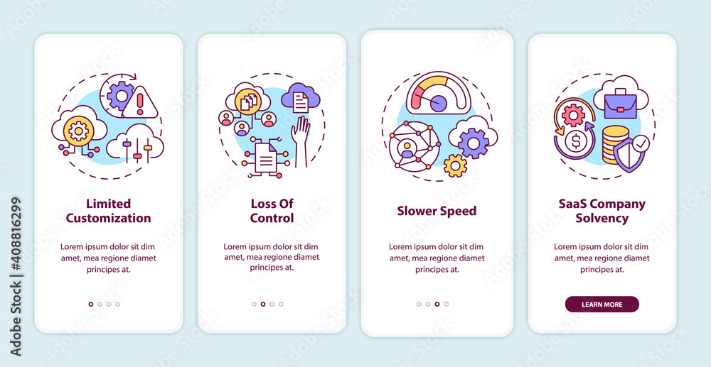 SaaS challenges onboarding mobile app page screen with concepts. Limited customization, slower speed walkthrough 4 steps graphic instructions. UI vector template with RGB color illustrations