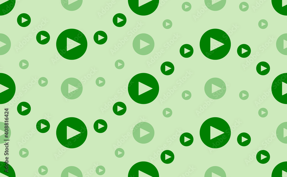 Seamless pattern of large and small green play symbols. The elements are arranged in a wavy. Vector illustration on light green background