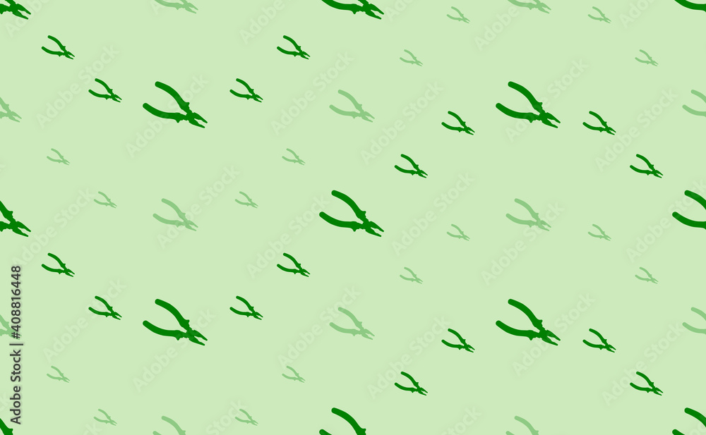 Seamless pattern of large and small green pliers symbols. The elements are arranged in a wavy. Vector illustration on light green background Seamless pattern of large and small green pliers symbols. The elements are arranged in a wavy. Vector illustration on light green background
