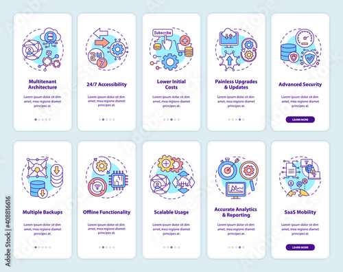 Software as service strong points onboarding mobile app page screen with concepts set. Accessibility, mobility walkthrough 5 steps graphic instructions. UI vector template with RGB color illustrations