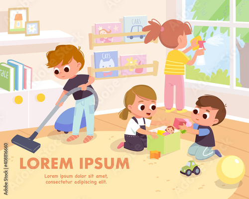 Children tidy up playroom doing household chores. Boy vacuuming, cleaning floor with vacuum cleaner. Girl cleaning washing window with rag and cleanser spray. Kids put toys back in the toybox.