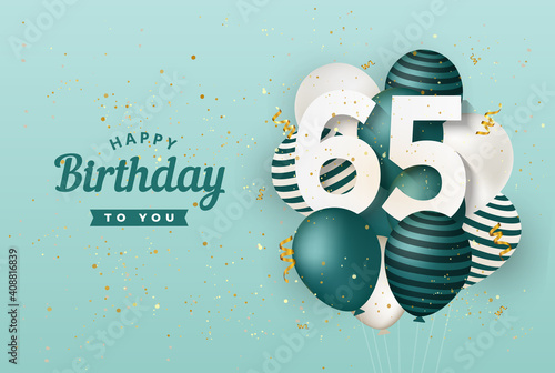 Happy 65th birthday with green balloons greeting card background. 65 years anniversary. 65th celebrating with confetti. Vector stock