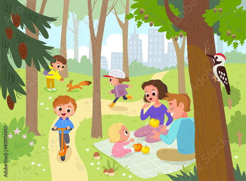 Vector. Family and children walking, spend time, having fun, together outdoors in park on green lawn,having picnic,sitting on blanket,having quality time together. Leisure activities,active recreation