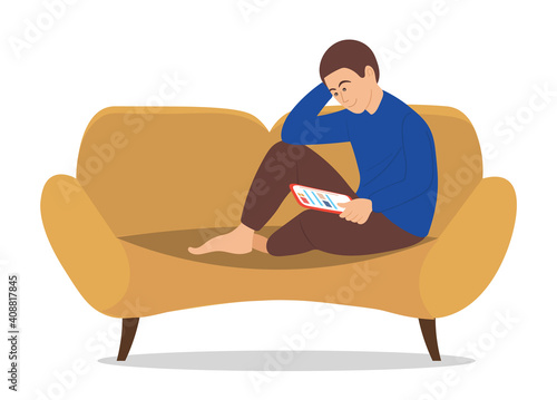 Man sitting on the sofa at home and correspondence surfing the Internet. Male character communicating through network on the tablet. Social media network communication digital gadget addiction