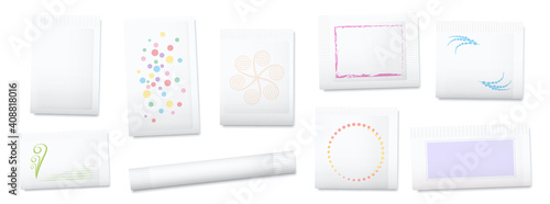 Blank paper sachets for sugar, salt, tea, seeds, cosmetics, spices, powder, food ingredients etc. Unlabeled white packets. Isolated vector illustration on white backgrond. 
