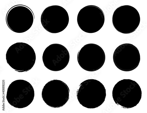 Circle textured hand drawn abstract black ink strokes set isolated on white background. Vector illustration.