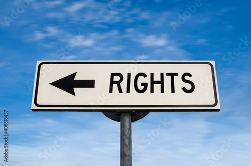 Rights road sign, arrow on blue sky background. One way blank road sign with copy space. Arrow on a pole pointing in one direction.