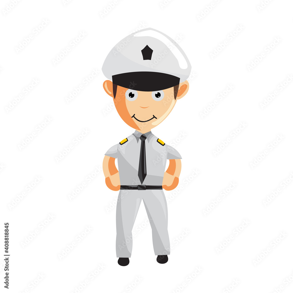 Airplane Pilot Standing Smile Cartoon Character Aircraft Captain in Uniform