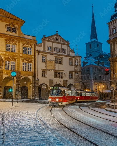old town Prague view travel tourism morning panorama evening Czech Republic snow lamps city nobody winter architecture ancient arch stone street building church medieval europa tourism history 