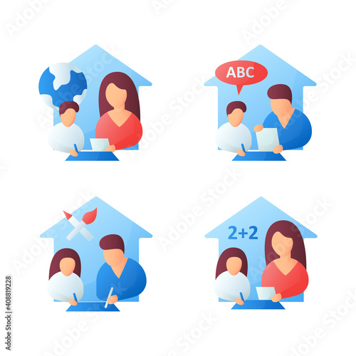 Homeschooling flat icons set .Parents do lessons with their child. Online education concept. Distant remote teaching and home schooling. Isolated color vector illustrations 