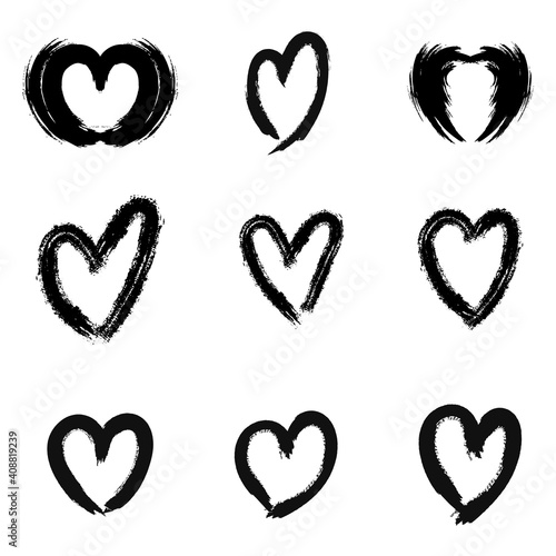 Vector Heart shape frame with brush. Heart hand drawn icons set isolated on white background. For poster, wallpaper and Valentine's day. Collection of hearts, vector illustration