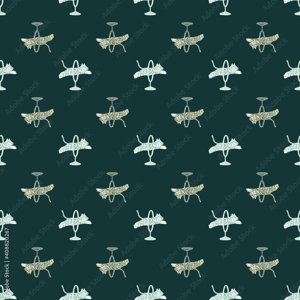 Fototapeta premium Exotic animal seamless pattern with hand drawn little tiger circus backdrop. Dark turquoise background.