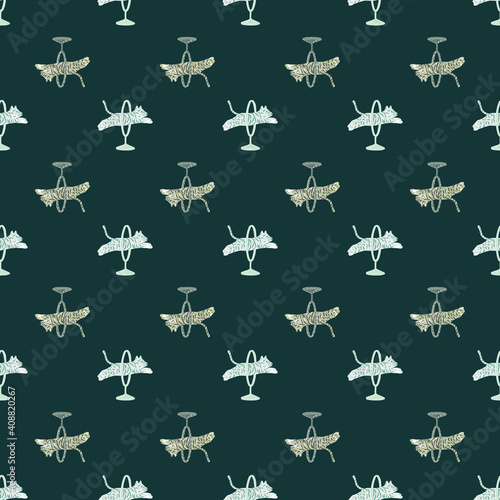 Exotic animal seamless pattern with hand drawn little tiger circus backdrop. Dark turquoise background.