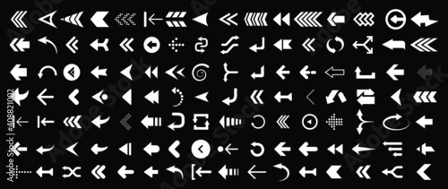 Arrows web collection on black. Modern graphic direction signs computer screen arrows vector set