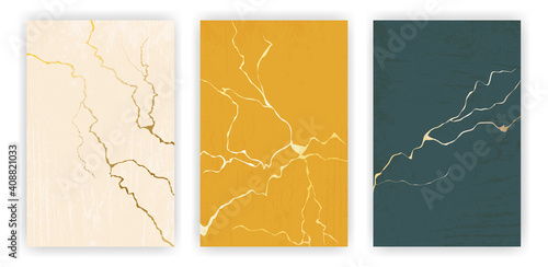 Golden cracks of kintsugi on trendy colors backgrounds.  photo