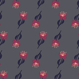 Dark seamless pattern with pink flower ornament. Grey background. Nature botanic backdrop.