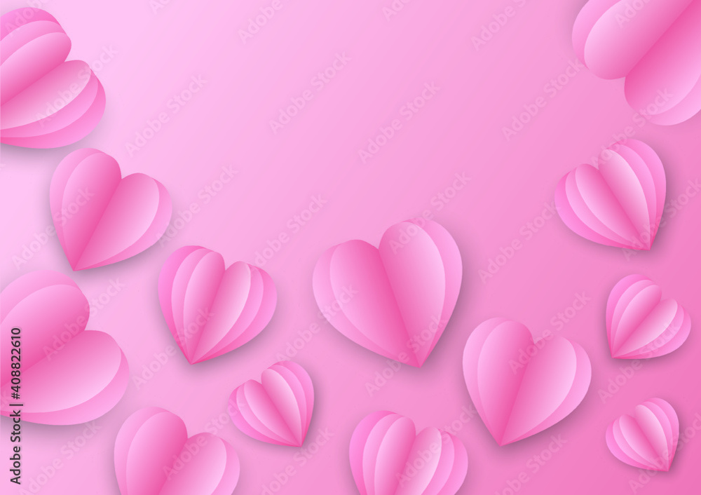Vector symbols of Valentine's Day. birthday greeting card design. Space for text. Papercut design with pink paper hearts. Vector paper elements in the shape of a heart flying on pink background.