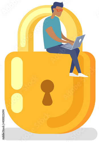 Protection of personal information of users. Padlock icon with man sitting on top, security defense. Lock key illustration privacy and password icon. Protection and safety with locked lock mechanism