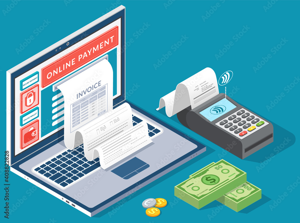 Online digital invoice laptop or mobile smartphone with bills credit card money coins flat illustration. Concept of electronic bill and online bank, laptop with check tape, payments electronic online Online digital invoice laptop or mobile smartphone with bills credit card money coins flat illustration. Concept of electronic bill and online bank, laptop with check tape, payments electronic online