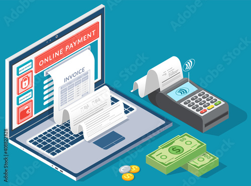 Online digital invoice laptop or mobile smartphone with bills credit card money coins flat illustration. Concept of electronic bill and online bank, laptop with check tape, payments electronic online