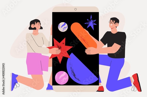 Developers building mobile application from abstract shapes for business. Ui ux design, app project development, coding concept with characters working on big smartphone screen. Tools for wireframing.