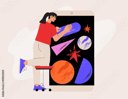 Designer building mobile application from abstract shapes for business. Ui ux design, app project development, coding concept with character working on big smartphone screen. Tools for wireframing.