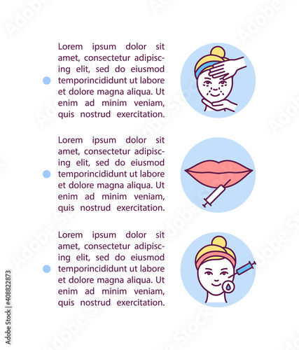Dermal fillers concept icon with text. Woman getting injection in lips. Spa salon procedures. PPT page vector template. Brochure, magazine, booklet design element with linear illustrations