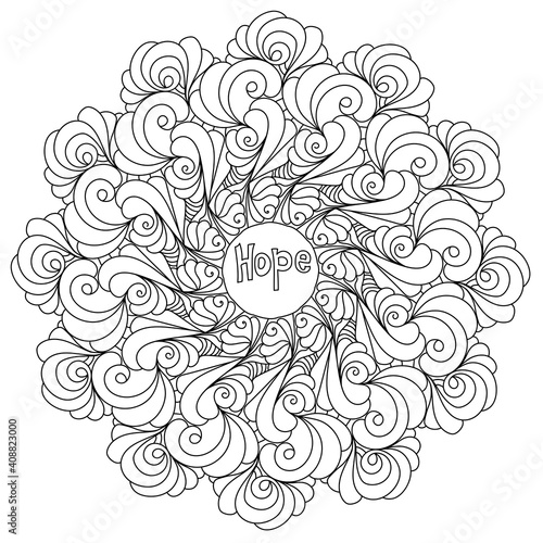 Contour mandala with curls and spirals, antistress coloring page and inscription Hope in the center