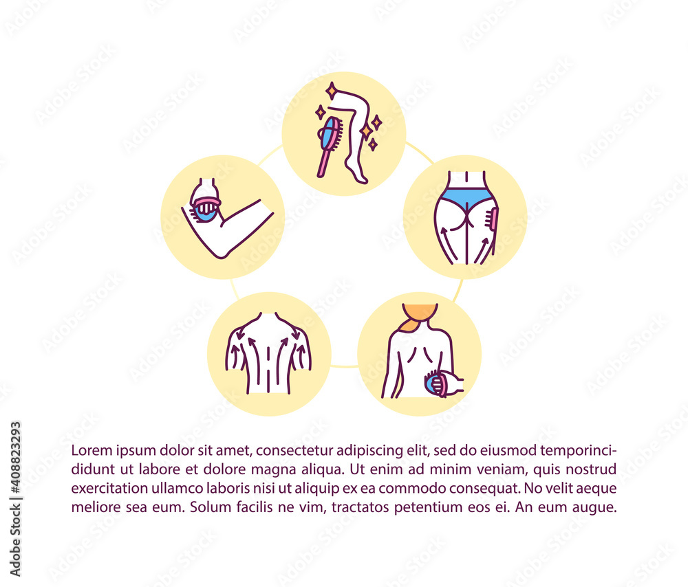Fototapeta premium Dry-brushing effects concept icon with text. Dry massage instructions. PPT page vector template. At-home beauty treatments. Brochure, magazine, booklet design element with linear illustrations