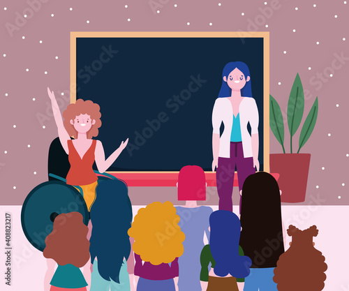 teacher and group diverse students classroom, inclusion