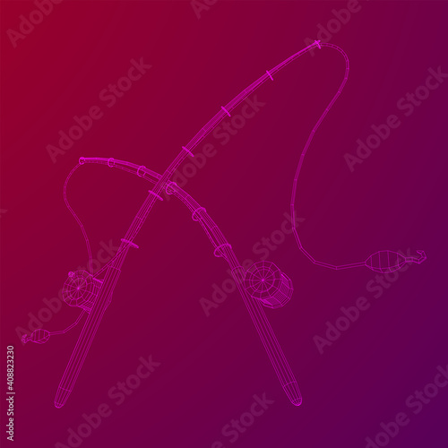 Fishing rod with line sinker and hook. Wireframe low poly mesh vector illustration.