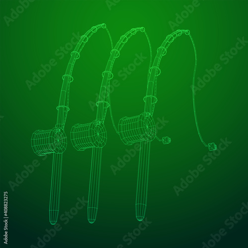 Fishing rod with line sinker and hook. Wireframe low poly mesh vector illustration.